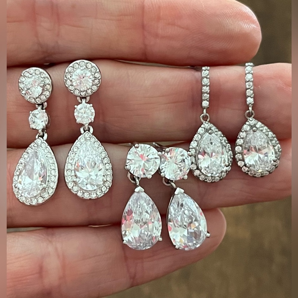 Assorted Silver CZ Drop Earrings, 3 pair